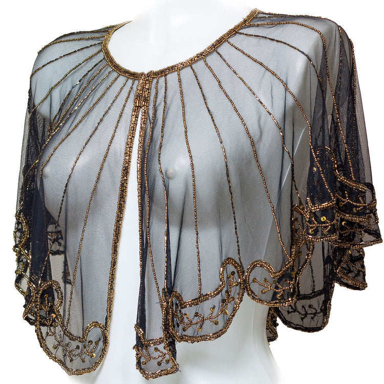 Black poncho, short cape with gold beads all over. Capelet Inspired in vintage clothing.