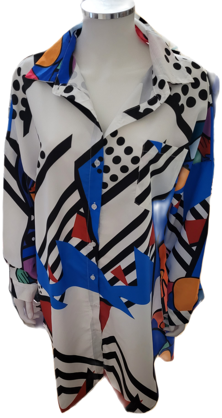 Long shirts with geometric-art print. Knee length .100 cm total length, one size . fits to 12,,14,16,18 perfectly. High quality poplin. It is a white sweatshirt with print in royal blue, red, orange , green and spots and stripes black. I really love it.