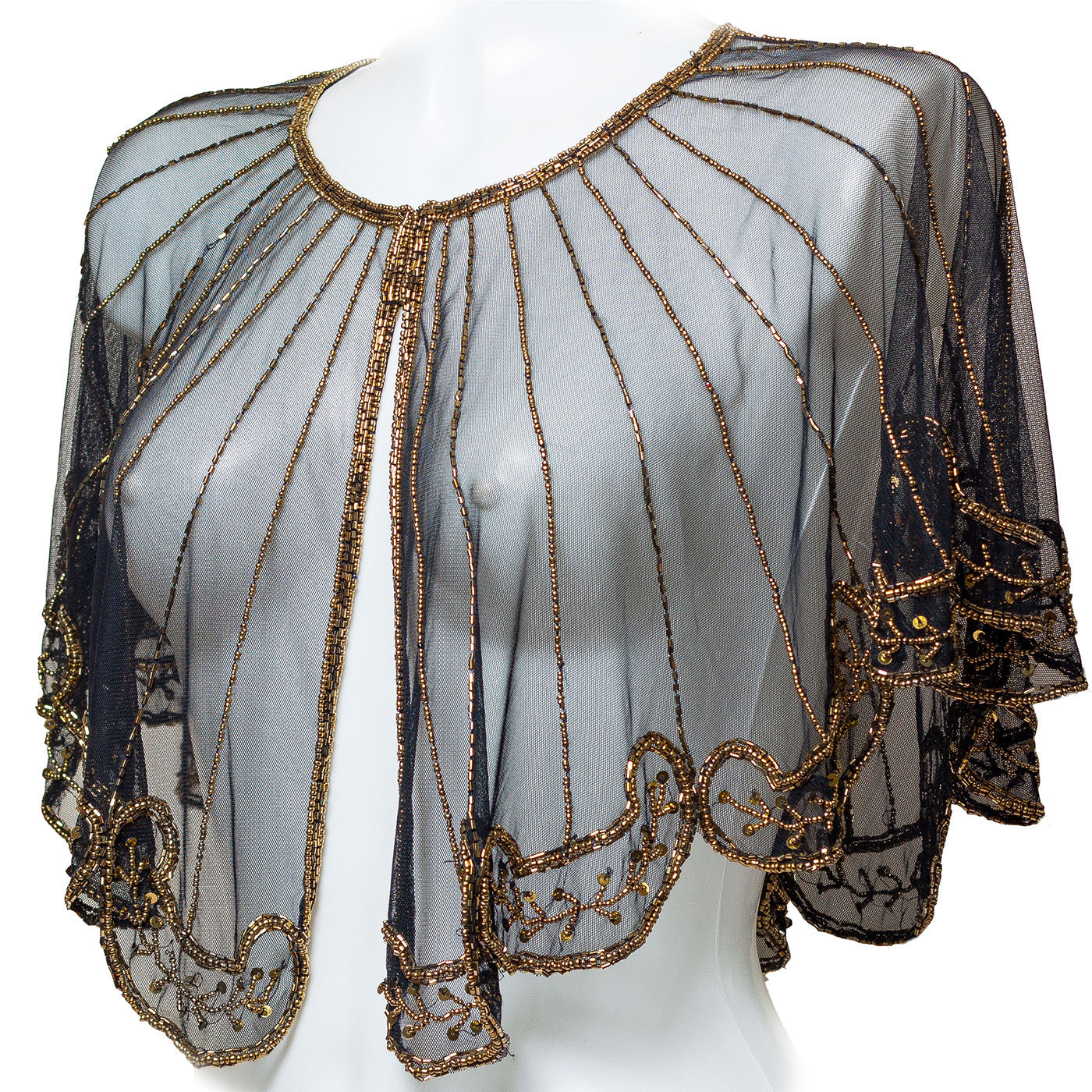 Black poncho, short cape with gold beads all over. Capelet Inspired in vintage clothing.