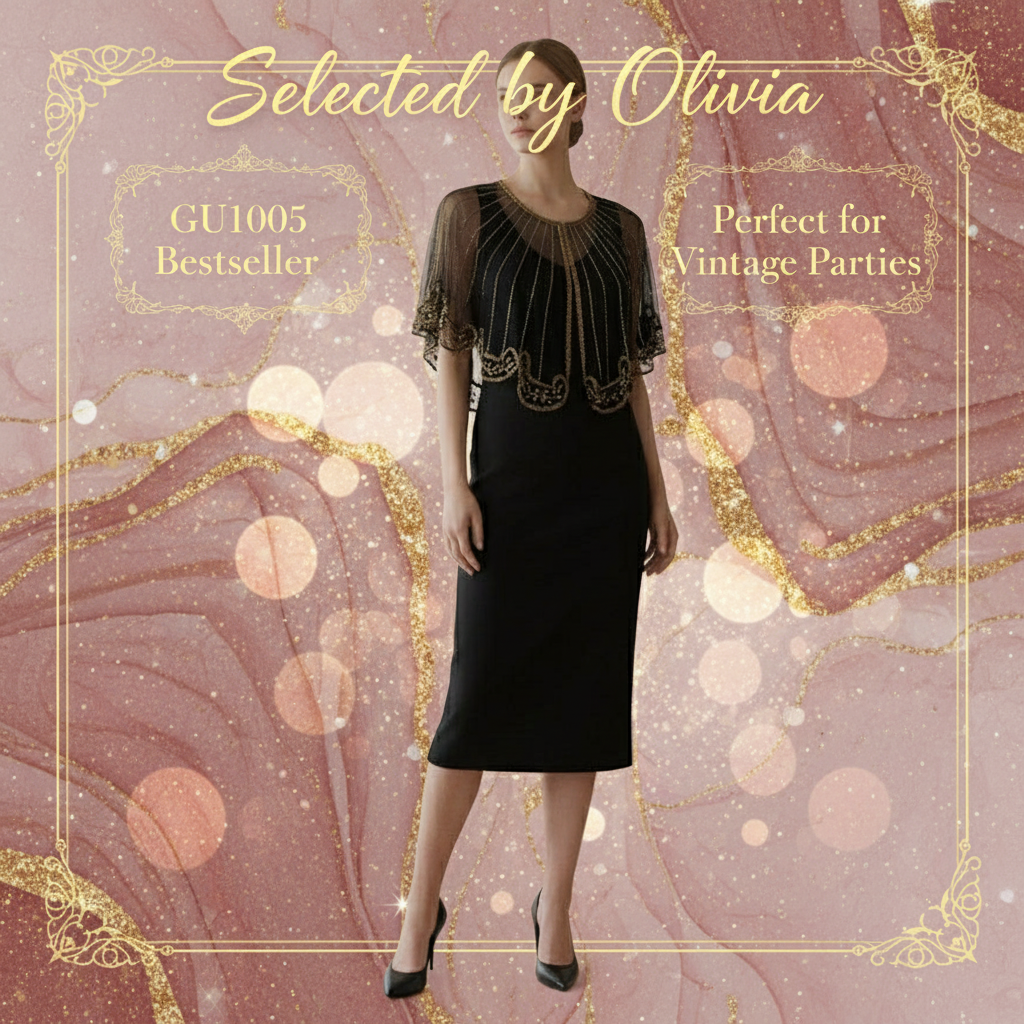 Model wearing a black embellished capelet over a black dress against a pink-and-gold background