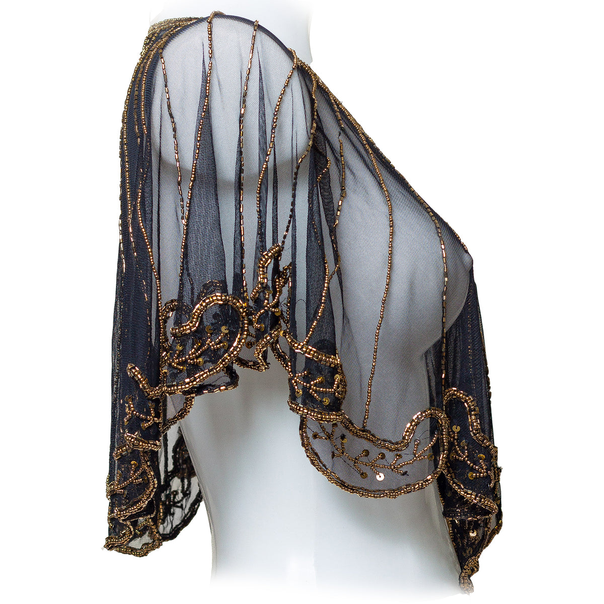 Black sheer shrug with gold embroidery on a white background