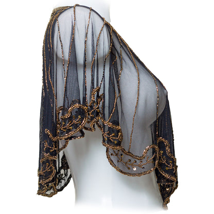 Black sheer shrug with gold embroidery on a white background