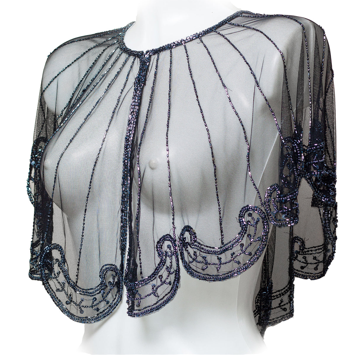 Sheer black beaded top on a mannequin against a white background