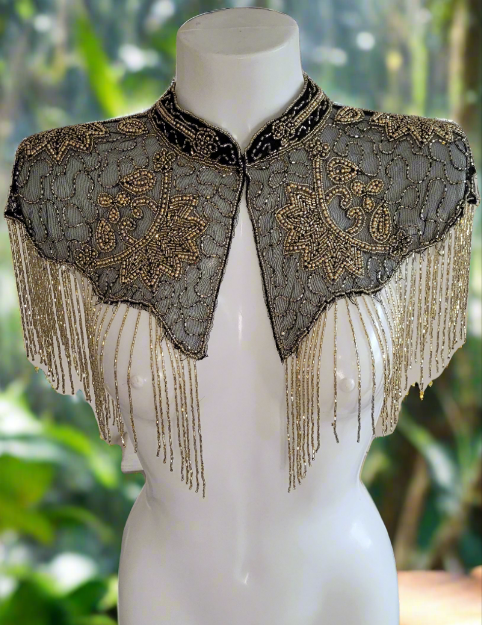 Black  Gold Vintage Capelet Black Ponchos Embellished Poncho Unique Cape Size Wedding