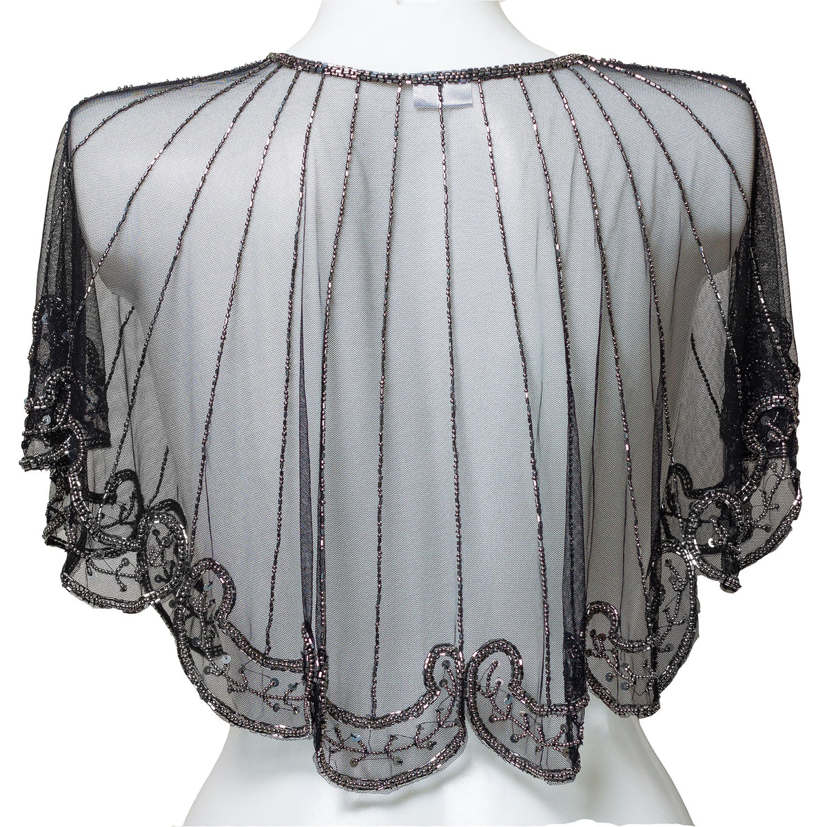 Black  silver sequins shrug on a mannequin against a white background