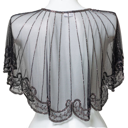 Black  silver sequins shrug on a mannequin against a white background