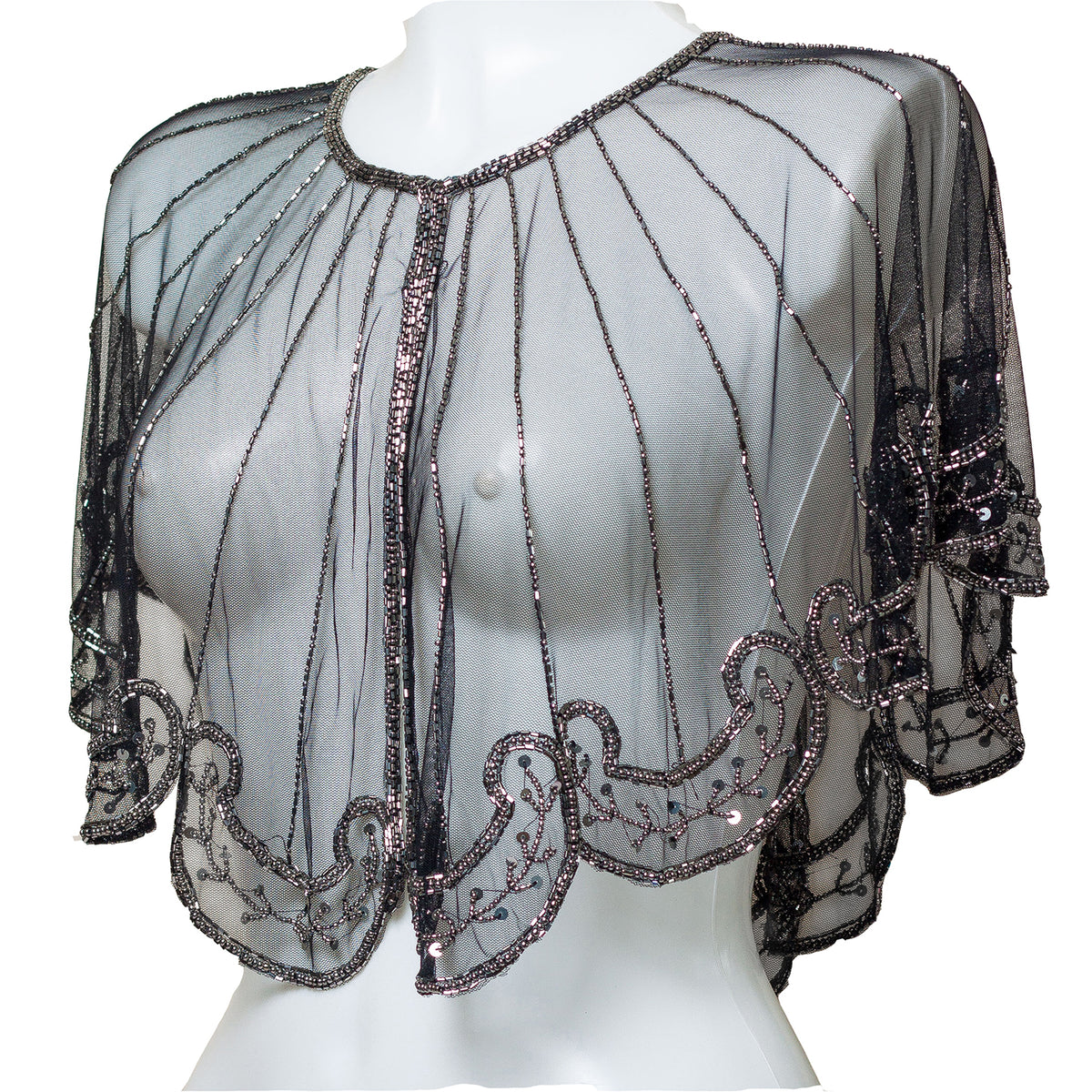 Black beaded shrug on a mannequin against a white background