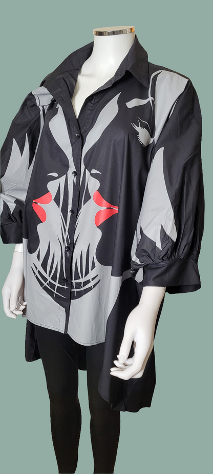 Oversized Balloon Sleeve Shirt with Face Print/ Balloon Sleeve T-Shirt/Trendy Style Selected by Olivia Printed top .