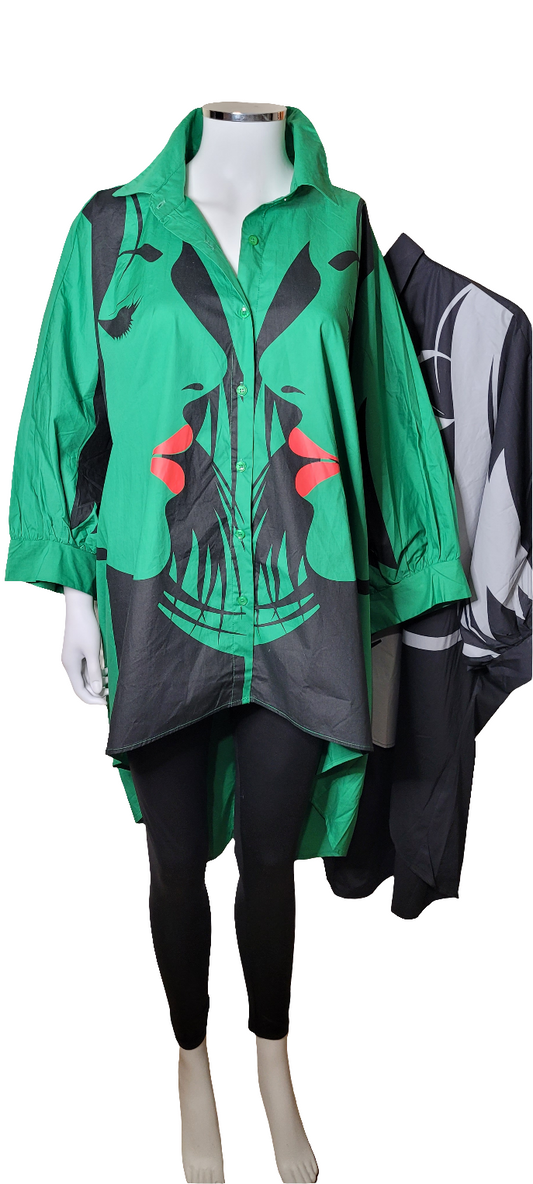 Big long blouse, blouson ,printed. It is short at front and knee size back.
two variations green  with print black, lips red and black variant is black , grey print and red print. The print is a face of a woman wiht long hair. big face from shoulder to waist .Bottom from shorter than back.