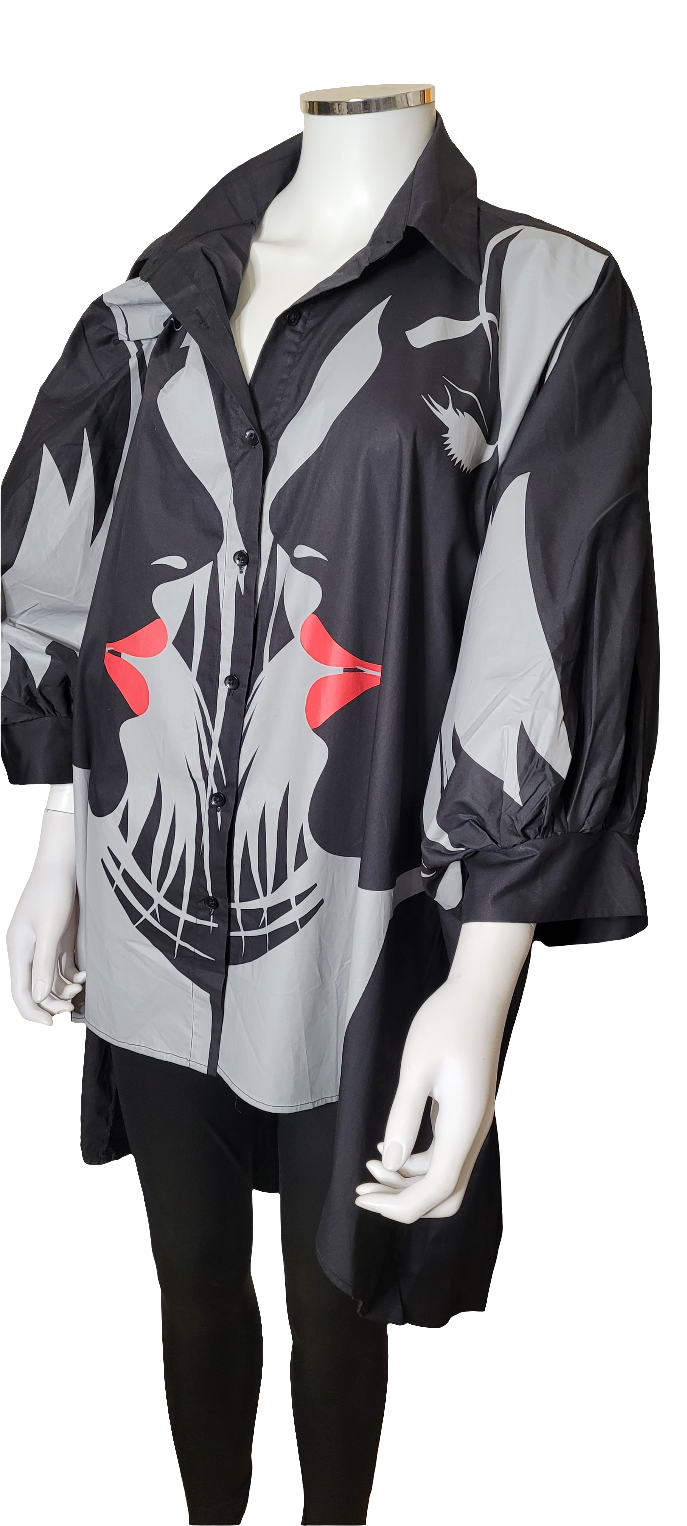 Vintage 80s Oversized Balloon Sleeve Shirt | Retro Face Print Blouse