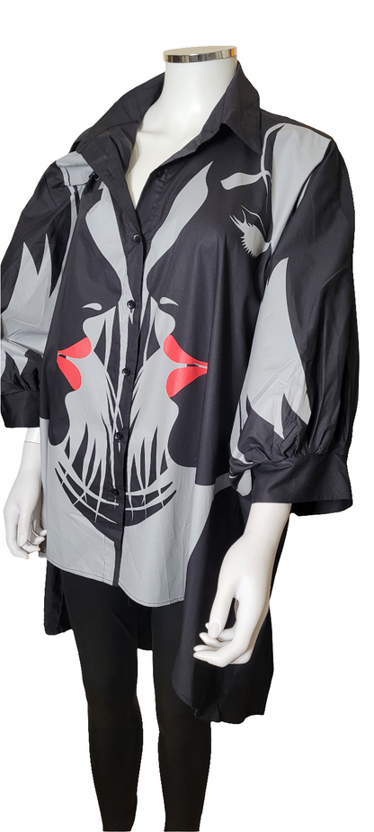 Vintage 80s Oversized Balloon Sleeve Shirt | Retro Face Print Blouse