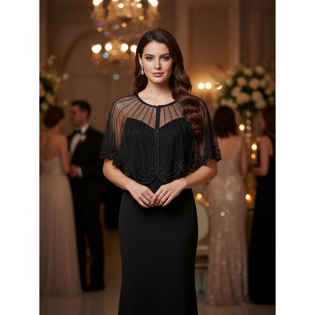 Woman in a black dress standing in an elegant indoor setting with blurred people in the background