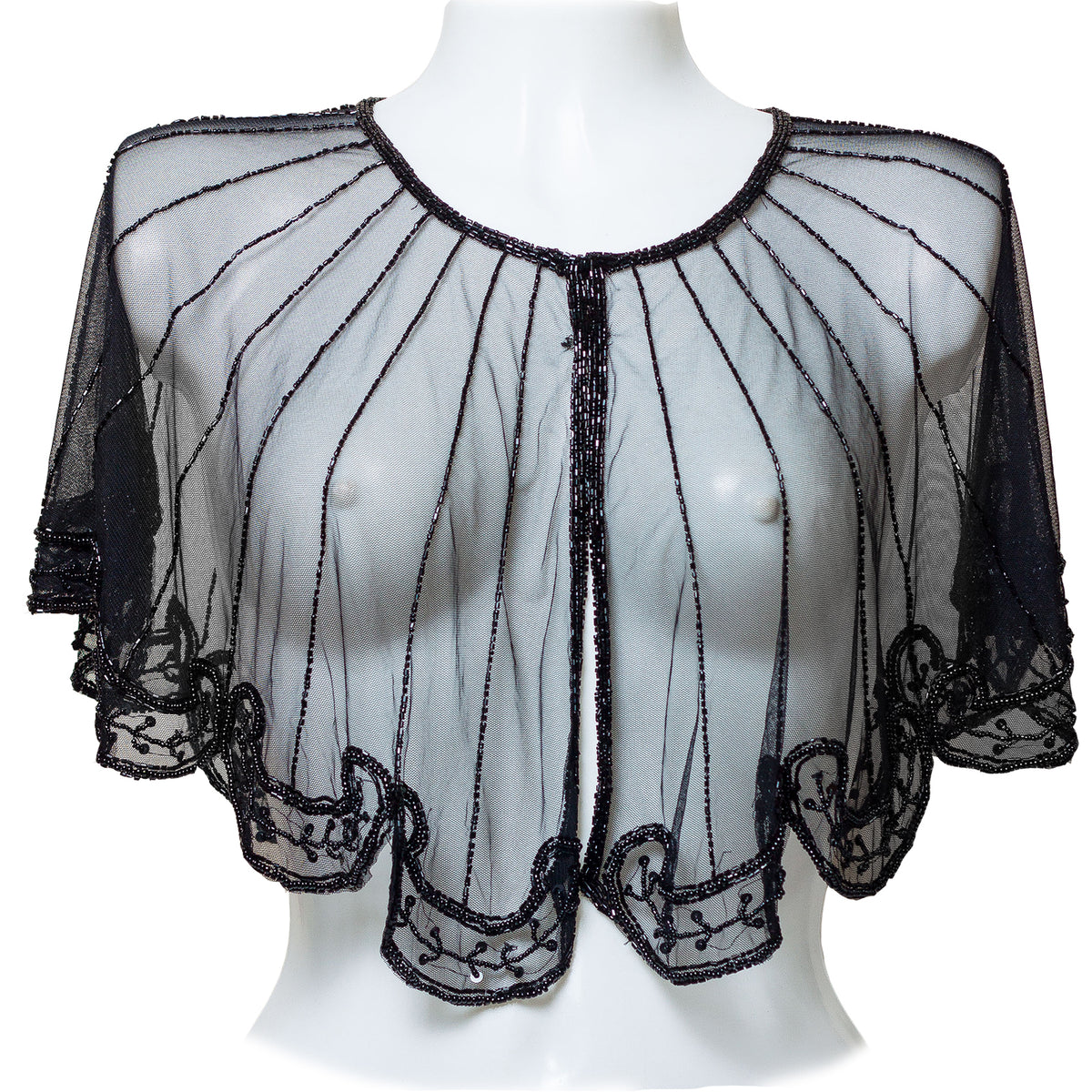 Black beaded shrug on a mannequin against a white background
