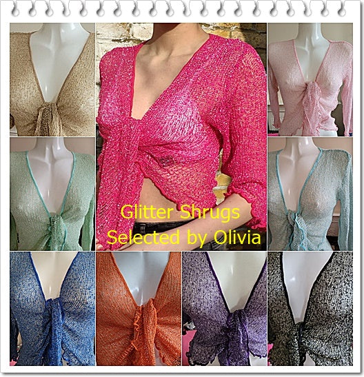 knit shrugs with a new material silver or gold giving a glitter finished. Exclusives sparks boleros for everyday or for your nights , pubs, dinner or summer outfits. Easy to wear on with jeans or dresses. One size shrugs Selected by Olivia