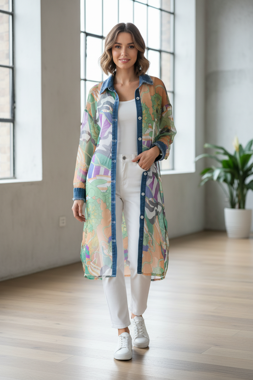 Green Shirt Dress Styled with White Jeans and Trainers