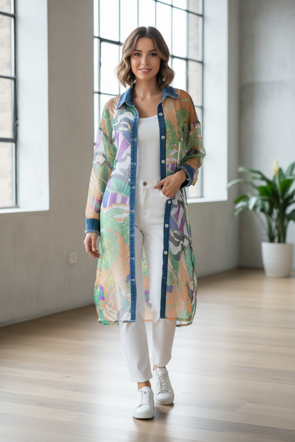 Green Shirt Dress Styled with White Jeans and Trainers