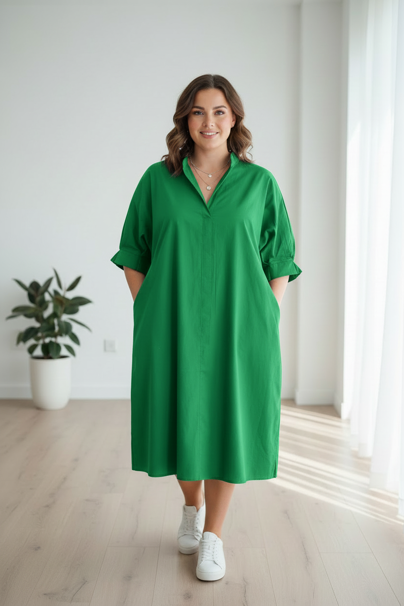 New  Green See Throw Long Shirt Dress for Women Casual Tops Trendy Knee Shirts 2025