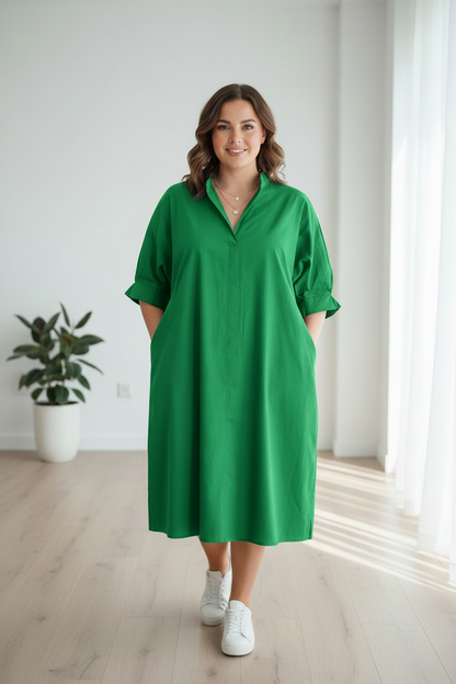 New  Green See Throw Long Shirt Dress for Women Casual Tops Trendy Knee Shirts 2025