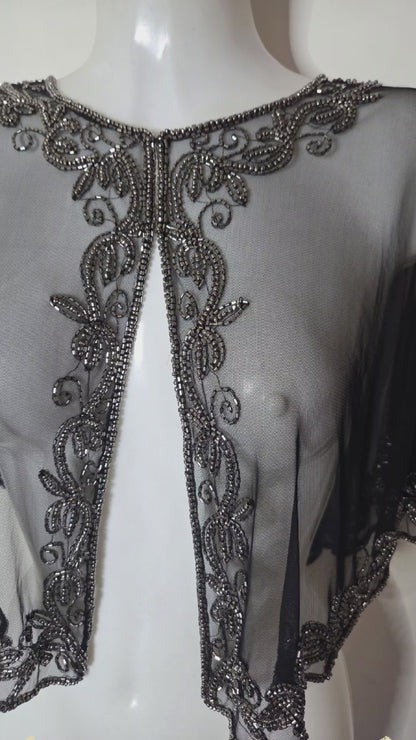 Black Sequin Capelet | 1920s Art Deco Beaded Poncho Evening Cover-Up | One Size