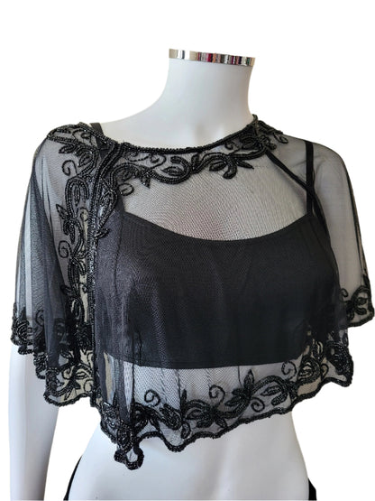 Black Vintage Capelet Black Sequins  Embellished Poncho Unique Cape One Size