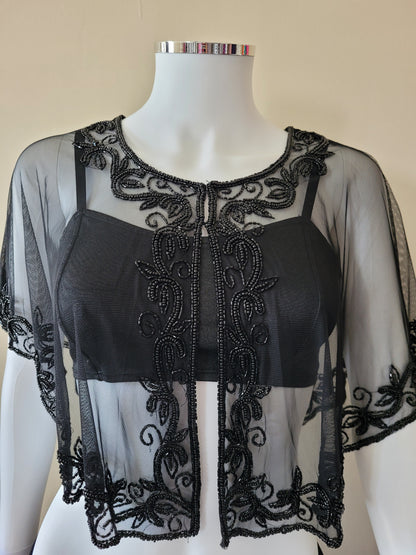 Black Vintage Capelet Black Sequins  Embellished Poncho Unique Cape One Size