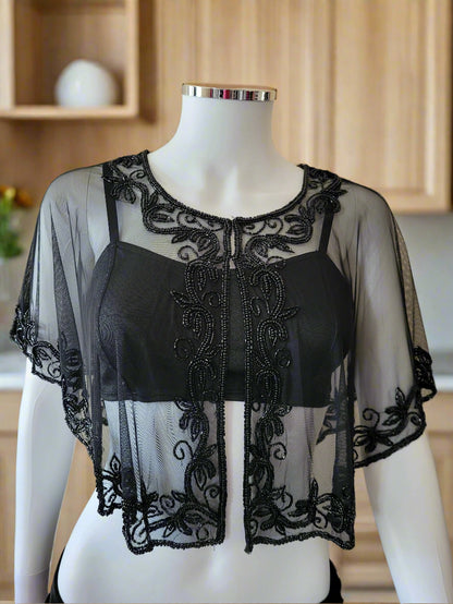 Black Vintage Capelet Black Sequins  Embellished Poncho Unique Cape One Size