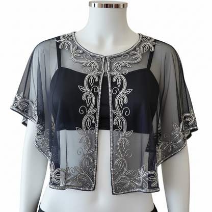 Black Sequin Capelet | 1920s Art Deco Beaded Poncho Evening Cover-Up | One Size
