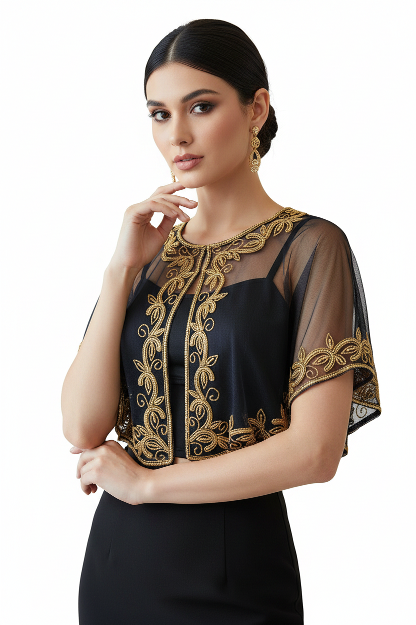 Black Sequin Capelet | 1920s Art Deco Beaded Poncho Evening Cover-Up | One Size