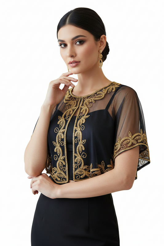 Black Sequin Capelet | 1920s Art Deco Beaded Poncho Evening Cover-Up | One Size