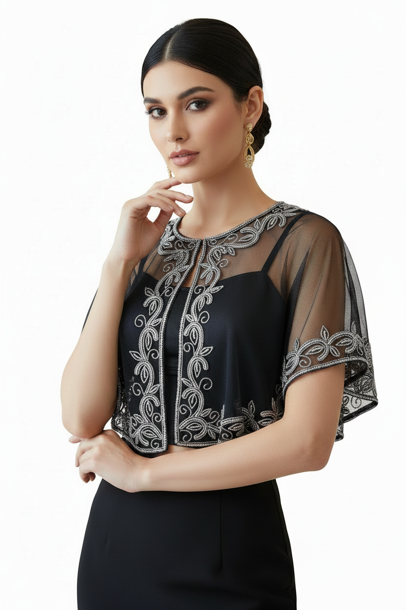 Black Sequin Capelet | 1920s Art Deco Beaded Poncho Evening Cover-Up | One Size